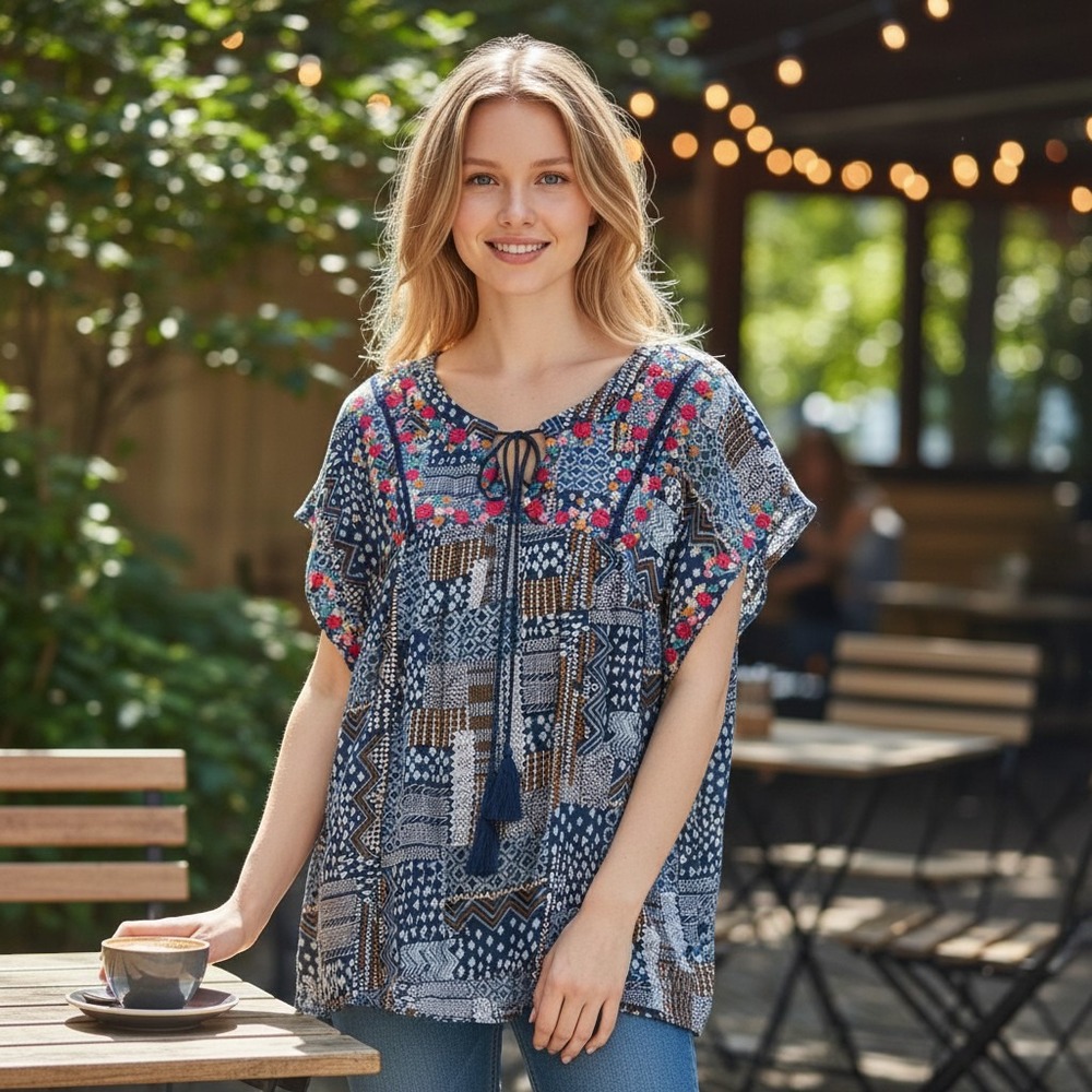 Savanna Jane Boho Embroidered Tunic Top Blue Floral Tassel Peasant Blouse Large